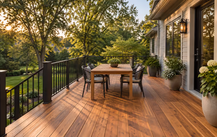 A natural cedar deck tucked beside a leafy, established garden.