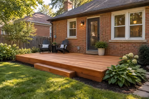 A compact cedar platform makes a brick-house outdoor space feel complete.