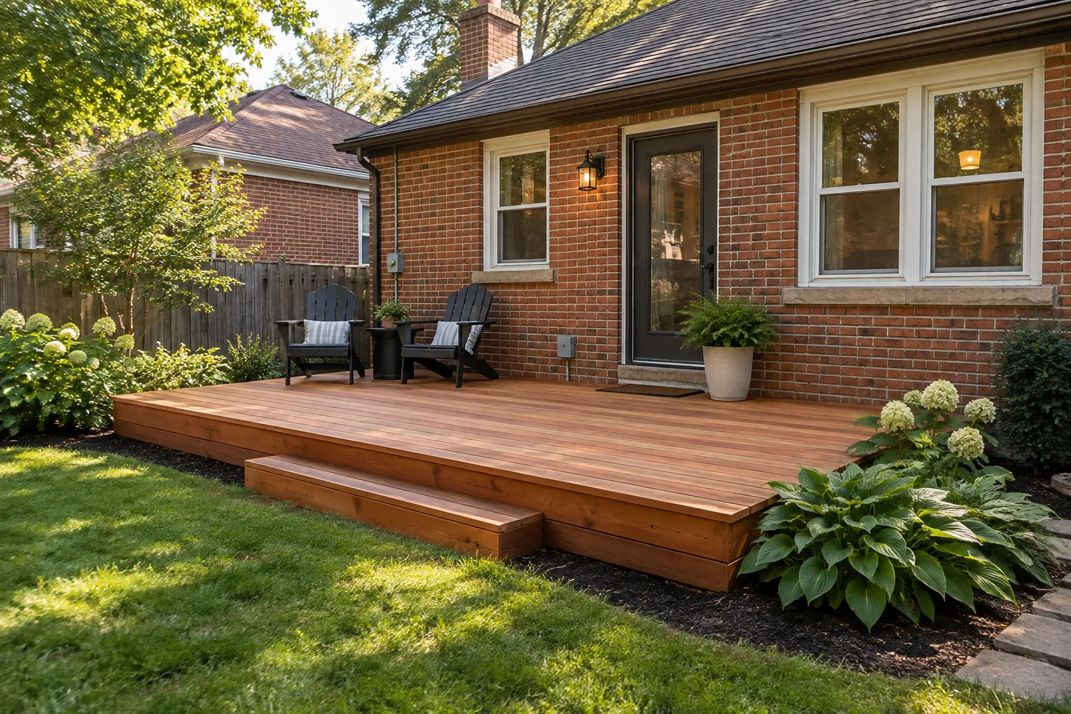 Cedar platform behind a brick bungalow.