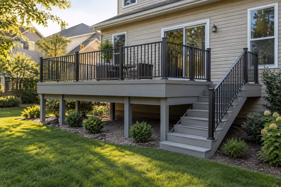 Gray deck with black railings and steps connecting to the lawn.