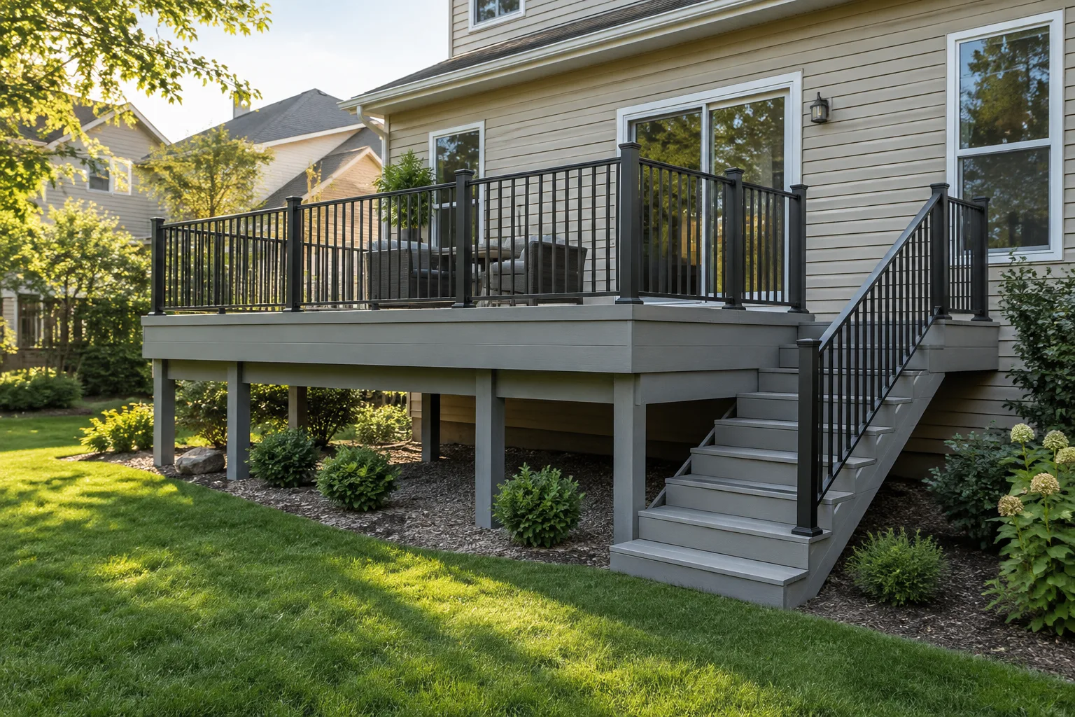 A clean-lined raised deck with an easy connection to the lawn.
