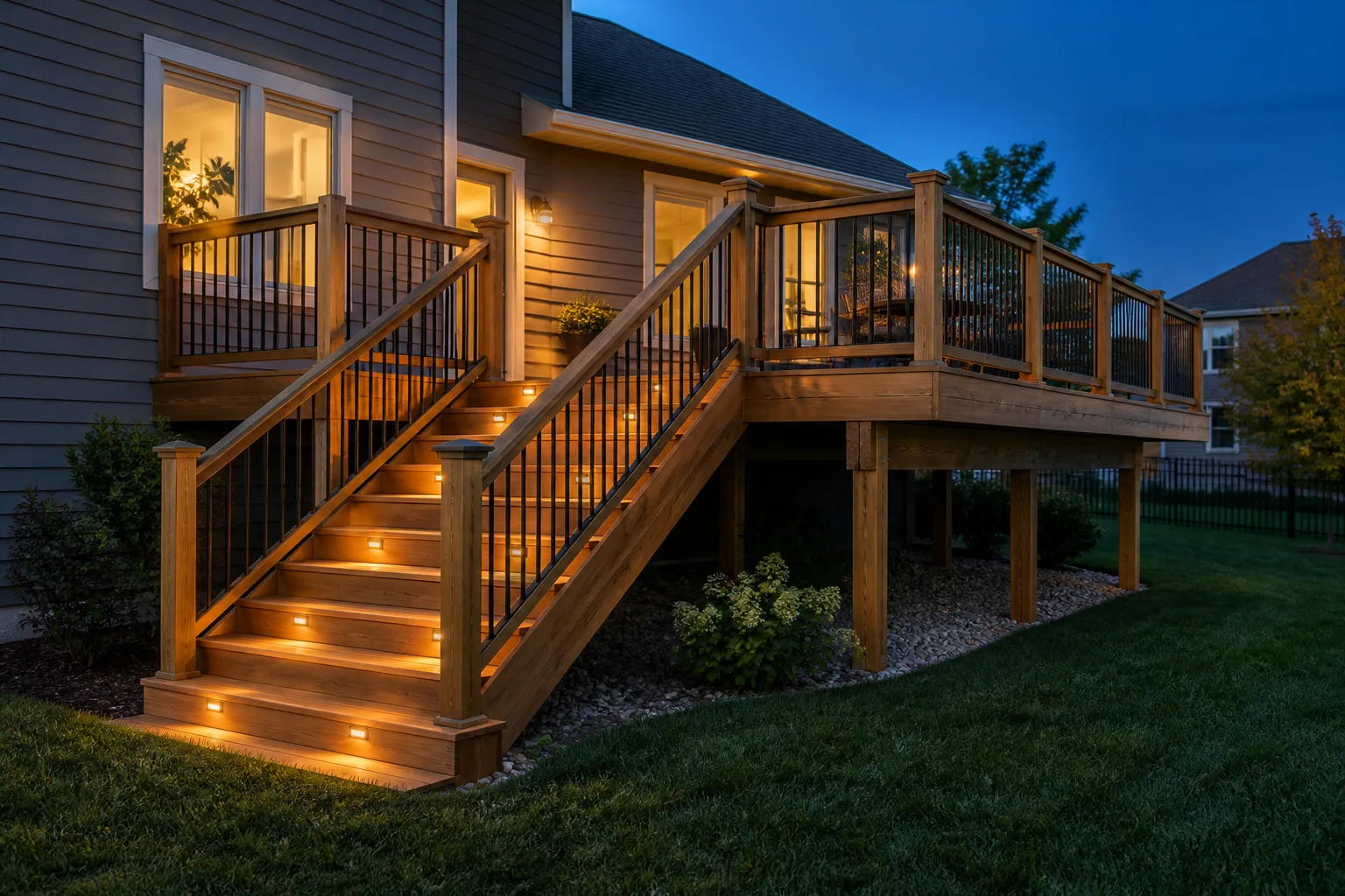 Broad steps and a warm evening glow extend the day outdoors.