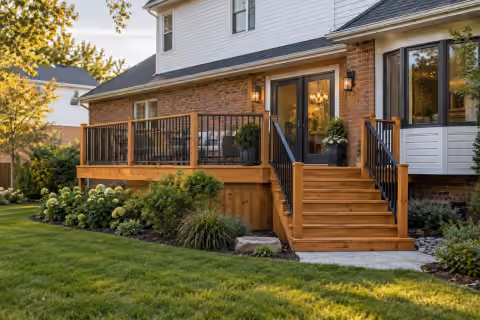 Warm cedar, slim black rails, and room to bring everyone outside.