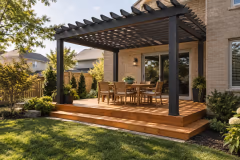 A shaded dining design with warm boards and a dark pergola.