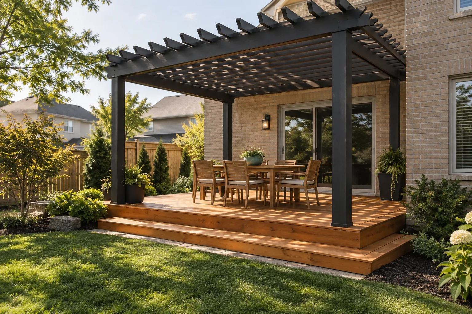 A shaded dining design with warm boards and a dark pergola.