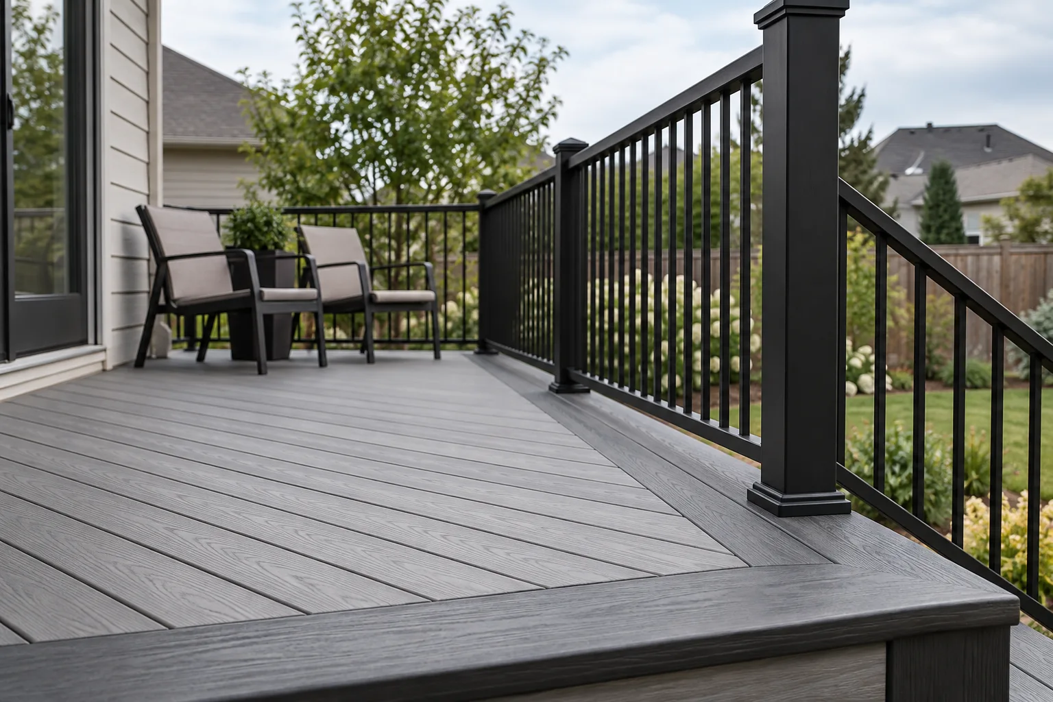 A picture-frame edge and crisp railing bring the design together.
