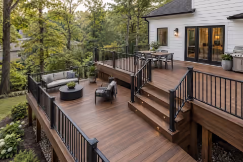 Two connected outdoor spaces with a view into the trees.