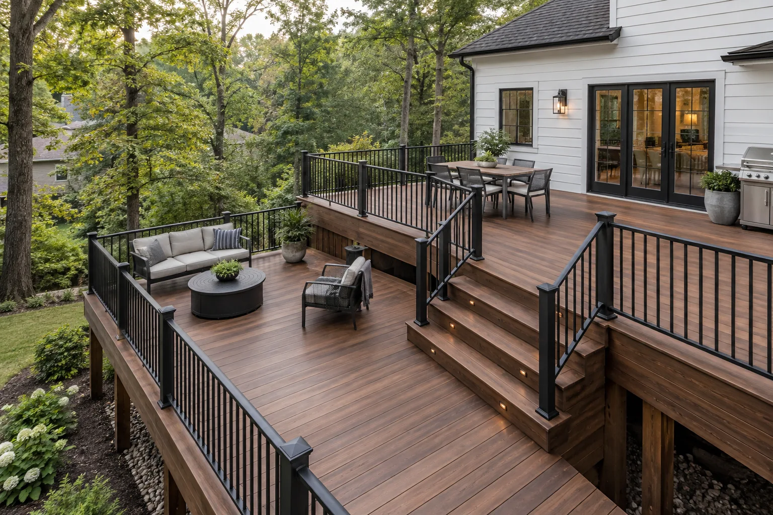 Two connected outdoor spaces with a view into the trees.